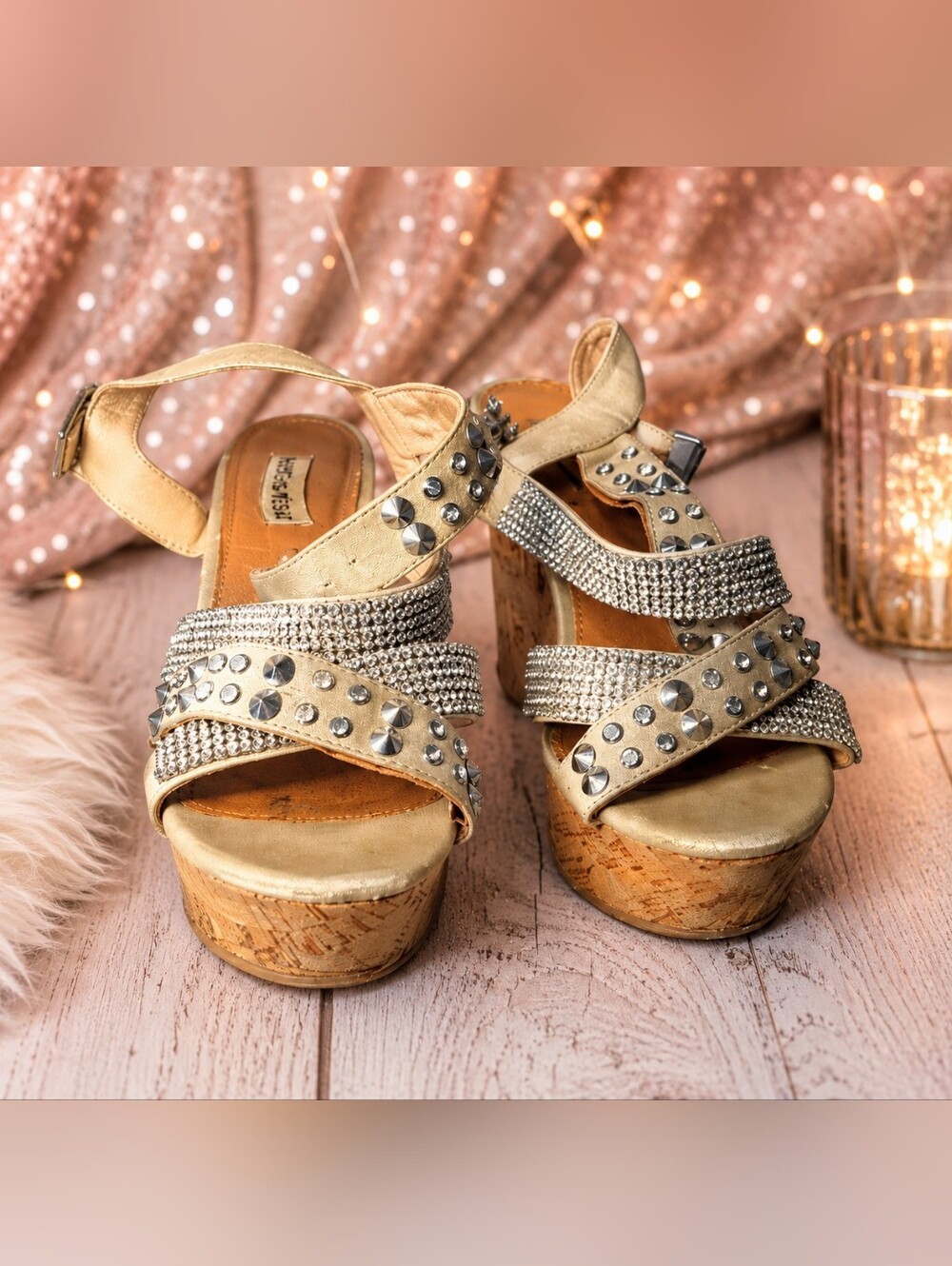 Women's Rhinestone Studded Cork Wedge Sandals Size 8 Festival Party Platform Hee
